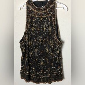 Papel Boutique Evening 100% Silk Heavily Black Gold Beaded Top Blouse 3X